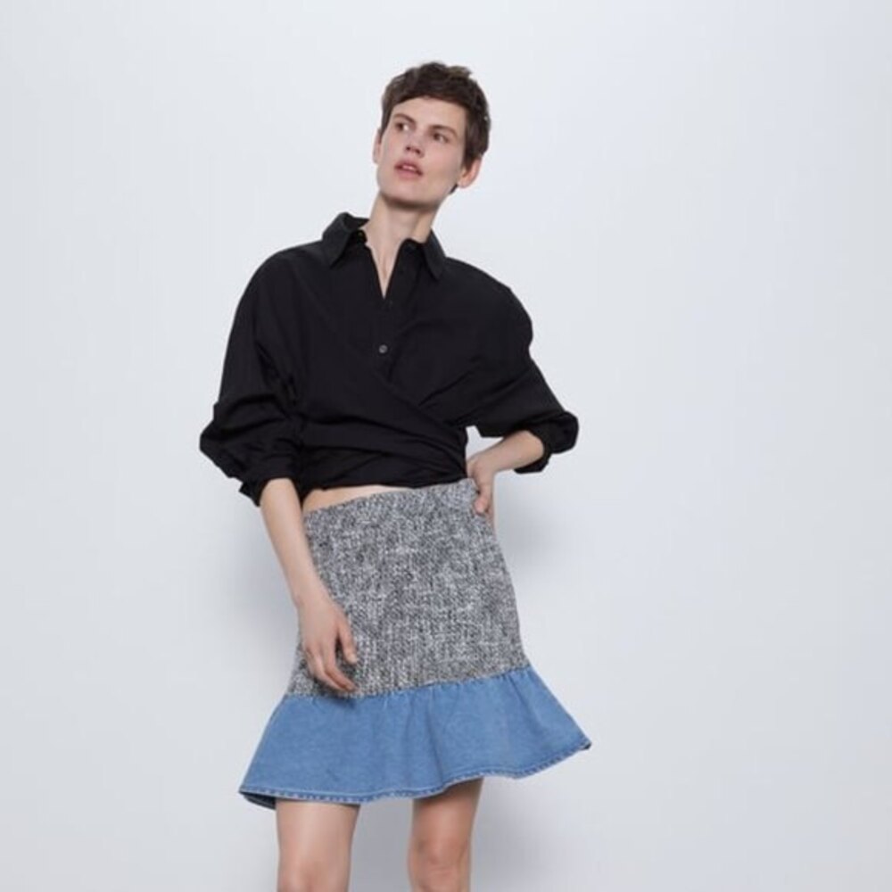 Zara Denim Tweed Combination Ruffle Hem Flounce Skirt (NWT)